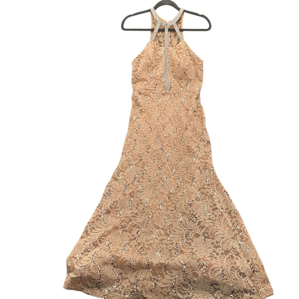 La‎ Scala Lace Sequin Gown Womens Large Nude Good Rhinestone Halter Maxi 24923
